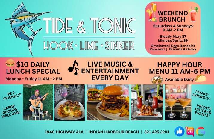 Lunch special, live music, happy hour flyer